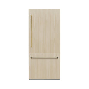 ZLINE Autograph 36" 19.8 cu. ft. Panel Ready Built-In Bottom Freezer Refrigerator with Water Dispenser and Ice Maker with Polished Gold Accents, RBITZ-36-G