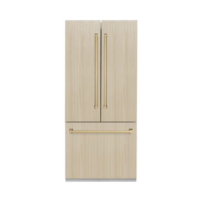 ZLINE Autograph 36" 19.6 cu. ft. Panel Ready French Door Built-In Bottom Freezer Refrigerator with Water Dispenser and Ice Maker with Stainless Steel Interior and Champagne Bronze Accents, SRBIVZ-36-CB