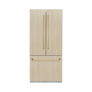 ZLINE Autograph 36" 19.6 cu. ft. Panel Ready French Door Built-In Bottom Freezer Refrigerator with Water Dispenser and Ice Maker with Stainless Steel Interior and Polished Gold Accents, SRBIVZ-36-G
