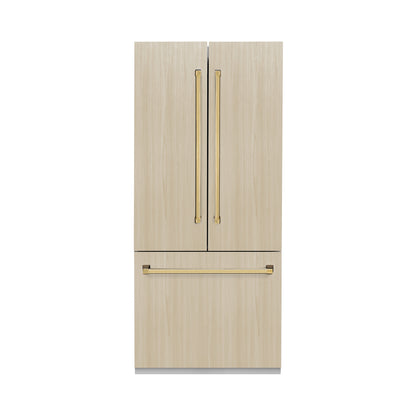 ZLINE Autograph 36" 19.6 cu. ft. Panel Ready French Door Built-In Bottom Freezer Refrigerator with Water Dispenser and Ice Maker with Stainless Steel Interior and Polished Gold Accents, SRBIVZ-36-G