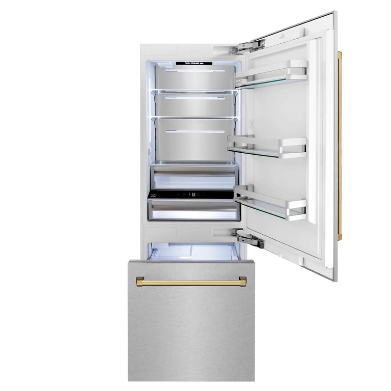 ZLINE 30" Autograph Built-In Refrigerator with Internal Water and Ice Dispenser in with Gold Accents