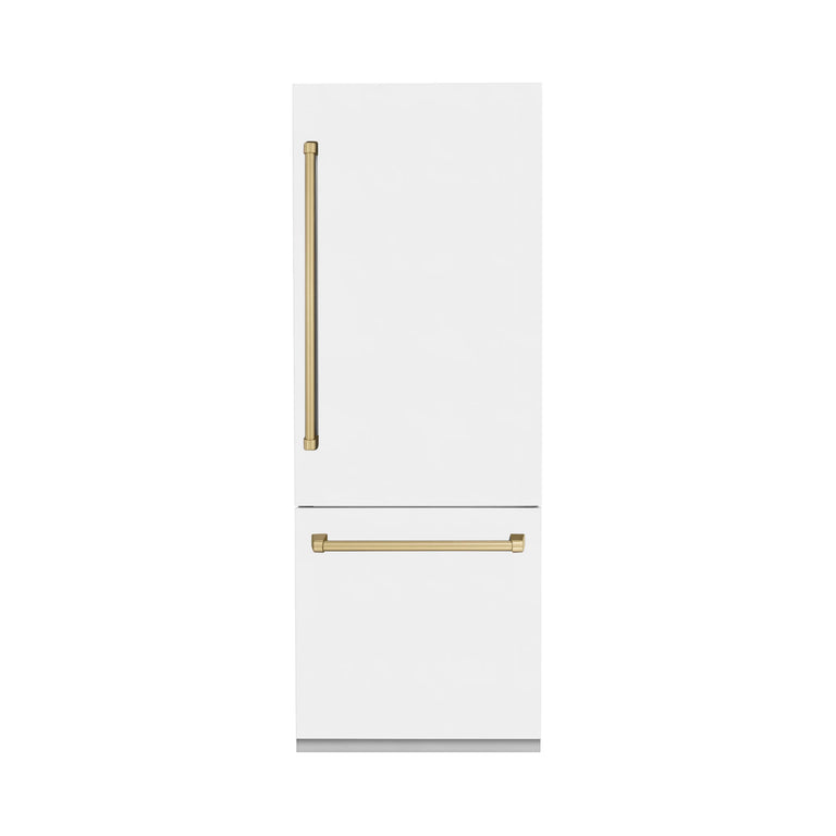 ZLINE 30 In. 16.1 cu. ft. Built-In Refrigerator with Internal Water and Ice Dispenser in White Matte with Champagne Bronze Accents, RBIVZ-WM-30-CB