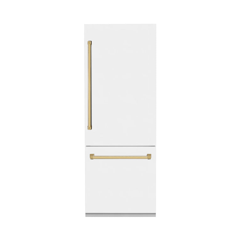 ZLINE 30 In. 16.1 cu. ft. Built-In Refrigerator with Internal Water and Ice Dispenser in White Matte with Gold Accents, RBIVZ-WM-30-G