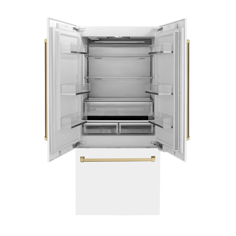 ZLINE 36 In. White Matte Built In Refrigerator Gold Accents