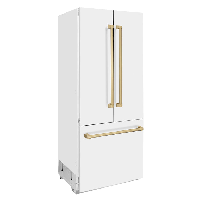 ZLINE 36 In. 19.6 cu. ft. Built-In French Door Refrigerator with Internal Water and Ice Dispenser in White Matte with Bronze Accents, RBIVZ-WM-36-CB