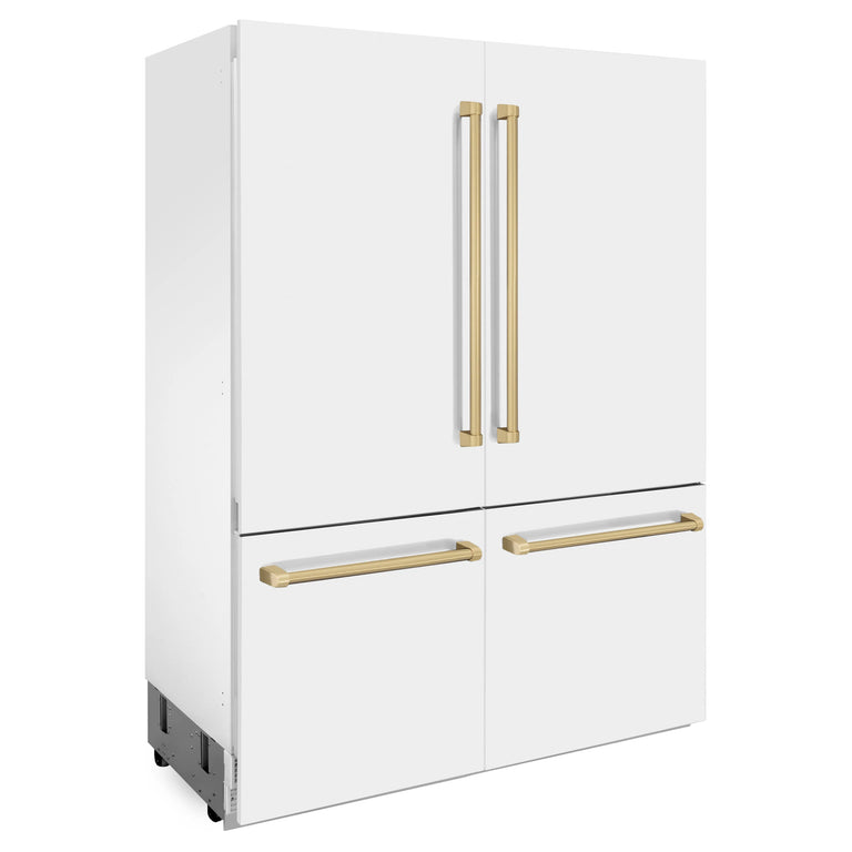 ZLINE 60 In. 32.2 cu. ft. Built-In Refrigerator with Internal Water and Ice Dispenser in White Matte with Champagne Bronze Accents, RBIVZ-WM-60-CB