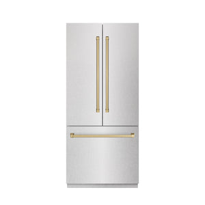 ZLINE Autograph 36" 19.6 cu. ft. French Door Built-In Bottom Freezer Refrigerator with Water Dispenser and Ice Maker in Satin Stainless Steel with Stainless Steel Interior and Champagne Bronze Accents, SRBIVZ-SN-36-CB