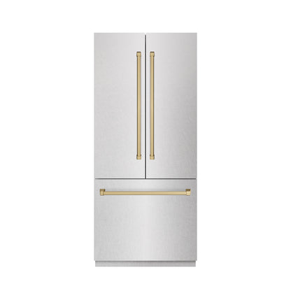 ZLINE Autograph 36" 19.6 cu. ft. French Door Built-In Bottom Freezer Refrigerator with Water Dispenser and Ice Maker in Satin Stainless Steel with Stainless Steel Interior and Champagne Bronze Accents, SRBIVZ-SN-36-CB