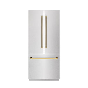 ZLINE Autograph 36" 19.6 cu. ft. French Door Built-In Bottom Freezer Refrigerator with Water Dispenser and Ice Maker in Satin Stainless Steel with Stainless Steel Interior and Polished Gold Accents, SRBIVZ-SN-36-G
