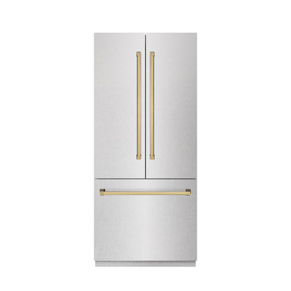 ZLINE Autograph 36" 19.6 cu. ft. French Door Built-In Bottom Freezer Refrigerator with Water Dispenser and Ice Maker in Satin Stainless Steel with Stainless Steel Interior and Polished Gold Accents, SRBIVZ-SN-36-G