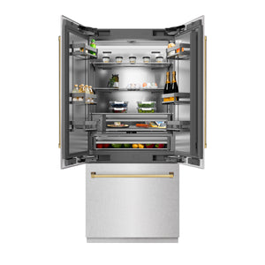 ZLINE Autograph 36" 19.6 cu. ft. French Door Built-In Bottom Freezer Refrigerator with Water Dispenser and Ice Maker in Satin Stainless Steel with Stainless Steel Interior and Polished Gold Accents, SRBIVZ-SN-36-G
