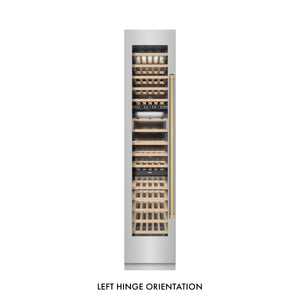 ZLINE Autograph 18" 9.0 cu. ft. Triple Zone 68 Bottle Left Hinge Column Wine Cooler in Stainless Steel with Champagne Bronze Accents, RCWVLZ-30418-CB