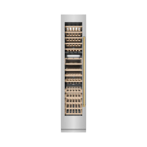 ZLINE Autograph 18" 9.0 cu. ft. Triple Zone 68 Bottle Left Hinge Column Wine Cooler in Stainless Steel with Polished Gold Accents, RCWVLZ-30418-G