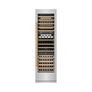 ZLINE Autograph 24" 12.4 cu. ft. Triple Zone 100 Bottle Column Wine Cooler in Stainless Steel and Champagne Bronze Accents, RCWVZ-304-24-CB