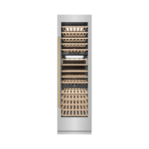 ZLINE Autograph 24" 12.4 cu. ft. Triple Zone 100 Bottle Column Wine Cooler in Stainless Steel and Champagne Bronze Accents, RCWVZ-304-24-CB