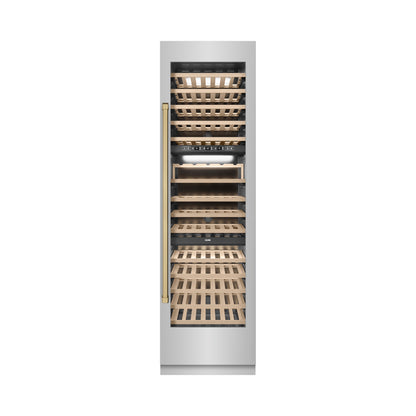 ZLINE Autograph 24" 12.4 cu. ft. Triple Zone 100 Bottle Column Wine Cooler in Stainless Steel and Champagne Bronze Accents, RCWVZ-304-24-CB