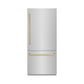 ZLINE Autograph 36" 19.8 cu. ft. Built-In Bottom Freezer Refrigerator with Water Dispenser and Ice Maker in Stainless Steel with Graphite Gray Interior and Champagne Bronze Accents, GRBITZ-304-36CB