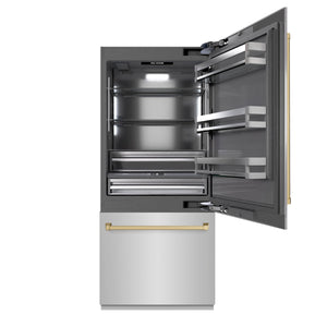 ZLINE Autograph 36" 19.8 cu. ft. Built-In Bottom Freezer Refrigerator with Water Dispenser and Ice Maker in Stainless Steel with Graphite Gray Interior and Champagne Bronze Accents, GRBITZ-304-36CB