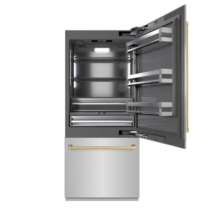 ZLINE Autograph 36" 19.8 cu. ft. Built-In Bottom Freezer Refrigerator with Water Dispenser and Ice Maker in Stainless Steel with Graphite Gray Interior and Champagne Bronze Accents, GRBITZ-304-36CB