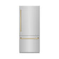 ZLINE Autograph 36" 19.8 cu. ft. Built-In Bottom Freezer Refrigerator with Water Dispenser and Ice Maker in Stainless Steel with Graphite Gray Interior and Polished Gold Accents, GRBITZ-304-36G