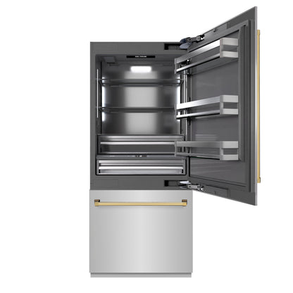 ZLINE Autograph 36" 19.8 cu. ft. Built-In Bottom Freezer Refrigerator with Water Dispenser and Ice Maker in Stainless Steel with Graphite Gray Interior and Polished Gold Accents, GRBITZ-304-36G