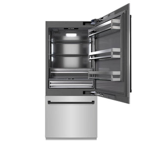 ZLINE Autograph 36" 19.8 cu. ft. Built-In Bottom Freezer Refrigerator with Water Dispenser and Ice Maker in Stainless Steel with Graphite Gray Interior and Matte Black Accents, GRBITZ-304-36MB