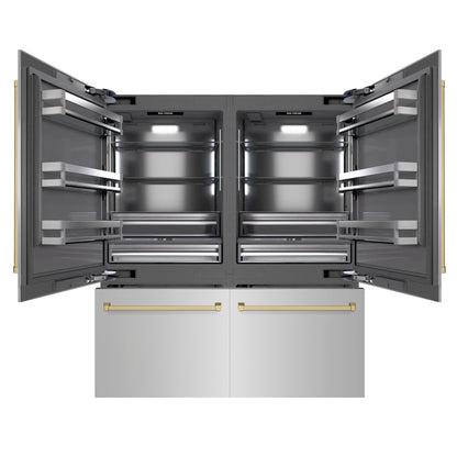 ZLINE Autograph 72" 39.6 cu. ft. French Door Built-In Bottom Freezer Refrigerator with Water Dispensers and Ice Makers in Stainless Steel with Graphite Gray Interior and Champagne Bronze Accents, GRBITZ-304-72CB