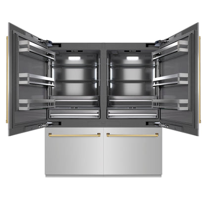 ZLINE Autograph 72" 39.6 cu. ft. French Door Built-In Bottom Freezer Refrigerator with Water Dispensers and Ice Makers in Stainless Steel with Graphite Gray Interior and Polished Gold Accents, GRBITZ-304-72G