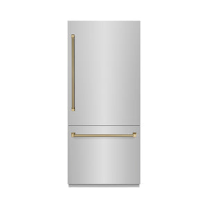 ZLINE Autograph 36" 19.8 cu. ft. Built-In Bottom Freezer Refrigerator with Water Dispenser and Ice Maker in Stainless Steel with Graphite Gray Interior and Champagne Bronze Helix Handles, GRBITZ-30436KCB