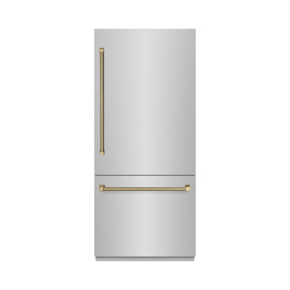 ZLINE Autograph 36" 19.8 cu. ft. Built-In Bottom Freezer Refrigerator with Water Dispenser and Ice Maker in Stainless Steel with Graphite Gray Interior and Champagne Bronze Helix Handles, GRBITZ-30436KCB