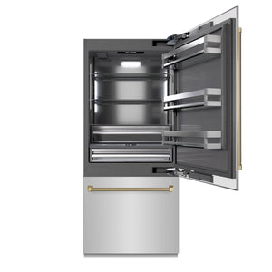 ZLINE Autograph 36" 19.8 cu. ft. Built-In Bottom Freezer Refrigerator with Water Dispenser and Ice Maker in Stainless Steel with Graphite Gray Interior and Champagne Bronze Helix Handles, GRBITZ-30436KCB