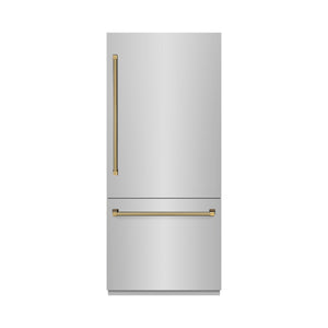 ZLINE Autograph 36" 19.8 cu. ft. Built-In Bottom Freezer Refrigerator with Water Dispenser and Ice Maker in Stainless Steel with Graphite Gray Interior and Polished Gold Helix Handles, GRBITZ-30436KG