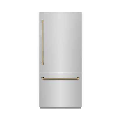 ZLINE Autograph 36" 19.8 cu. ft. Built-In Bottom Freezer Refrigerator with Water Dispenser and Ice Maker in Stainless Steel with Graphite Gray Interior and Polished Gold Helix Handles, GRBITZ-30436KG