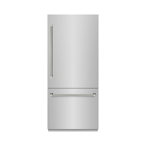 ZLINE Autograph 36" 19.8 cu. ft. Built-In Bottom Freezer Refrigerator with Water Dispenser and Ice Maker in Stainless Steel with Graphite Gray Interior and Polished Nickel Helix Handles, GRBITZ-30436KPN