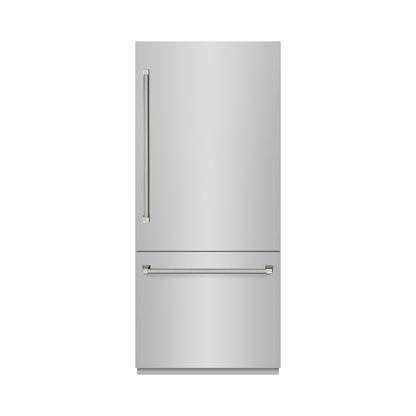 ZLINE Autograph 36" 19.8 cu. ft. Built-In Bottom Freezer Refrigerator with Water Dispenser and Ice Maker in Stainless Steel with Graphite Gray Interior and Polished Nickel Helix Handles, GRBITZ-30436KPN