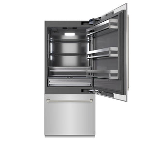 ZLINE Autograph 36" 19.8 cu. ft. Built-In Bottom Freezer Refrigerator with Water Dispenser and Ice Maker in Stainless Steel with Graphite Gray Interior and Polished Nickel Helix Handles, GRBITZ-30436KPN