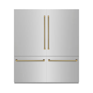 ZLINE Autograph 72" 39.6 cu. ft. French Door Built-In Bottom Freezer Refrigerator with Water Dispensers and Ice Makers in Stainless Steel with Graphite Gray Interior and Polished Gold Helix Handles, GRBITZ-30472KG