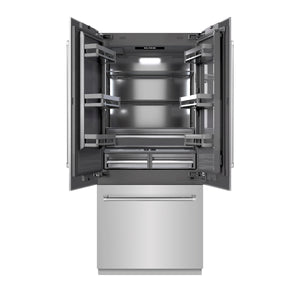 ZLINE 36" 19.6 cu. ft. French Door Built-In Bottom Freezer Refrigerator with Water Dispenser and Ice Maker in Stainless Steel with Graphite Gray Interior, GRBIV-304-36