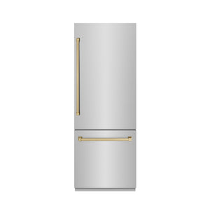 ZLINE Autograph 30" 16.1 cu. ft. Built-In Bottom Freezer Refrigerator with Water Dispenser and Ice Maker in Stainless Steel with Graphite Gray Interior and Champagne Bronze Accents, GRBIVZ-304-30CB