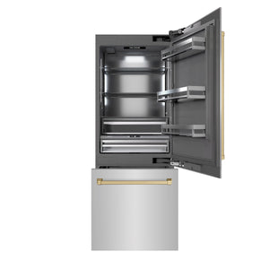 ZLINE Autograph 30" 16.1 cu. ft. Built-In Bottom Freezer Refrigerator with Water Dispenser and Ice Maker in Stainless Steel with Graphite Gray Interior and Champagne Bronze Accents, GRBIVZ-304-30CB