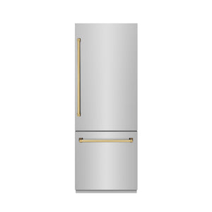 ZLINE Autograph 30" 16.1 cu. ft. Built-In Bottom Freezer Refrigerator with Water Dispenser and Ice Maker in Stainless Steel with Graphite Gray Interior and Polished Gold Accents, GRBIVZ-304-30G