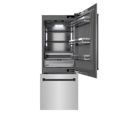 ZLINE Autograph 30" 16.1 cu. ft. Built-In Bottom Freezer Refrigerator with Water Dispenser and Ice Maker in Stainless Steel with Graphite Gray Interior and Matte Black Accents, GRBIVZ-304-30MB