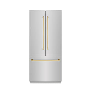 ZLINE Autograph 36" 19.6 cu. ft. French Door Built-In Bottom Freezer Refrigerator with Water Dispenser and Ice Maker in Stainless Steel with Graphite Gray Interior and Champagne Bronze Accents, GRBIVZ-304-36CB