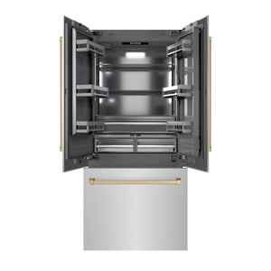 ZLINE Autograph 36" 19.6 cu. ft. French Door Built-In Bottom Freezer Refrigerator with Water Dispenser and Ice Maker in Stainless Steel with Graphite Gray Interior and Champagne Bronze Accents, GRBIVZ-304-36CB