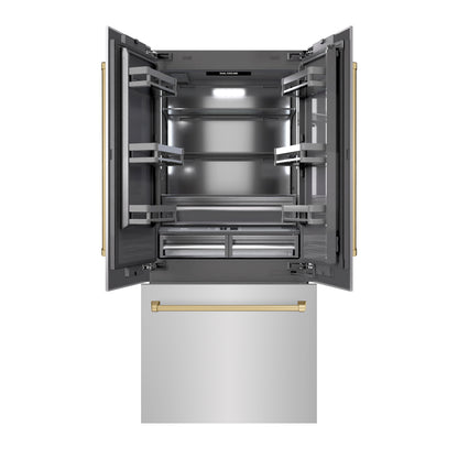 ZLINE Autograph 36" 19.6 cu. ft. French Door Built-In Bottom Freezer Refrigerator with Water Dispenser and Ice Maker in Stainless Steel with Graphite Gray Interior and Champagne Bronze Accents, GRBIVZ-304-36CB