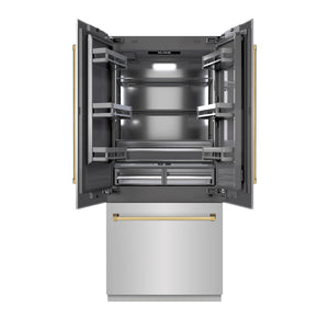 ZLINE Autograph 36" 19.6 cu. ft. French Door Built-In Bottom Freezer Refrigerator with Water Dispenser and Ice Maker in Stainless Steel with Graphite Gray Interior and Polished Gold Accents, GRBIVZ-304-36G