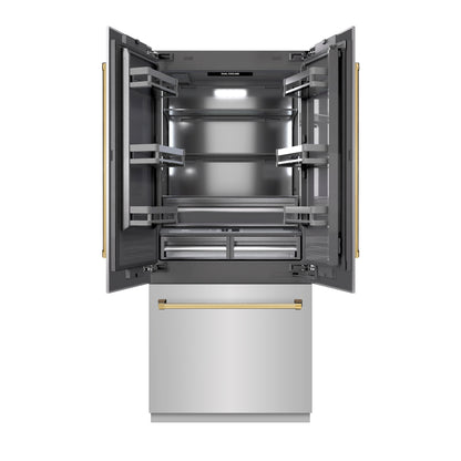 ZLINE Autograph 36" 19.6 cu. ft. French Door Built-In Bottom Freezer Refrigerator with Water Dispenser and Ice Maker in Stainless Steel with Graphite Gray Interior and Polished Gold Accents, GRBIVZ-304-36G