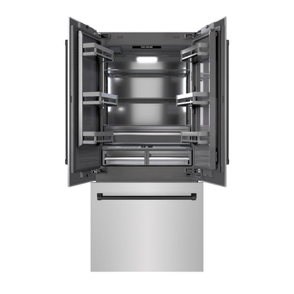 ZLINE Autograph 36" 19.6 cu. ft. French Door Built-In Bottom Freezer Refrigerator with Water Dispenser and Ice Maker in Stainless Steel with Graphite Gray Interior and Matte Black Accents, GRBIVZ-304-36MB