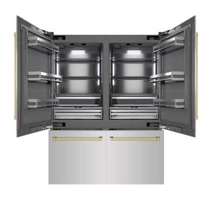 ZLINE Autograph 60" 32.2 cu. ft. French Door Built-In Bottom Freezer Refrigerator with Water Dispenser and Ice Maker in Stainless Steel with Graphite Gray Interior and Champagne Bronze Accents, GRBIVZ-304-60CB