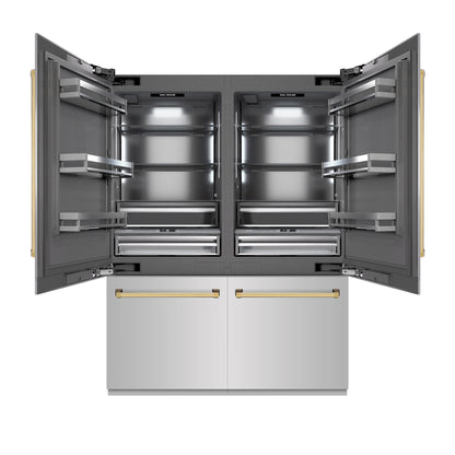 ZLINE Autograph 60" 32.2 cu. ft. French Door Built-In Bottom Freezer Refrigerator with Water Dispenser and Ice Maker in Stainless Steel with Graphite Gray Interior and Polished Gold Accents, GRBIVZ-304-60G